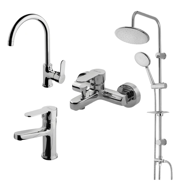 Newarc Domino Krom Lavabo-Banyo-Eviye Bataryası ve Duş Ünitesi 4'lü Set 971521-971511-971531-440615 ürün görseli 1