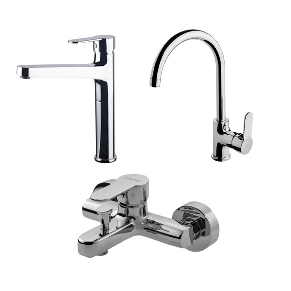 Newarc Domino Krom Çanak Lavabo-Banyo-Eviye Bataryası 3'lü Set 971001-971511-971531 ürün görseli 1