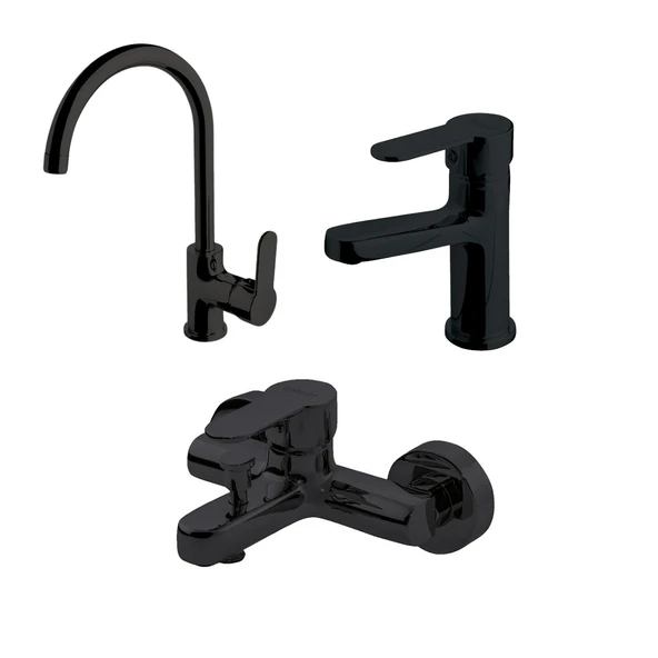 Newarc Domino Siyah Lavabo-Banyo-Eviye Bataryası 3'lü Set 971521B-971511B-971531B ürün görseli 1
