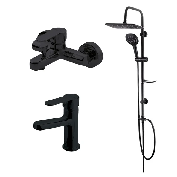 Newarc Domino Siyah Lavabo-Banyo Bataryası ve Bold Duş Ünitesi 3'lü Set 971521B-971511B-910530B ürün görseli 1