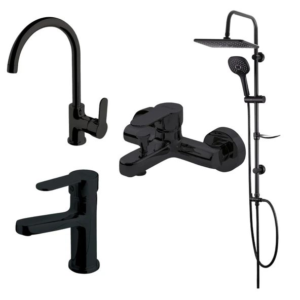 Newarc Domino Siyah Lavabo-Banyo-Eviye Bataryası ve Bold Duş Ünitesi 4'lü Set 971521B-971511B-971531B-910530B ürün görseli 1