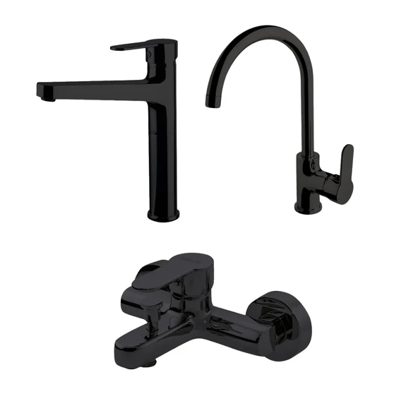 Newarc Domino Siyah Çanak Lavabo-Banyo-Eviye Bataryası 3'lü Set 971001B-971511B-971531B ürün görseli 1