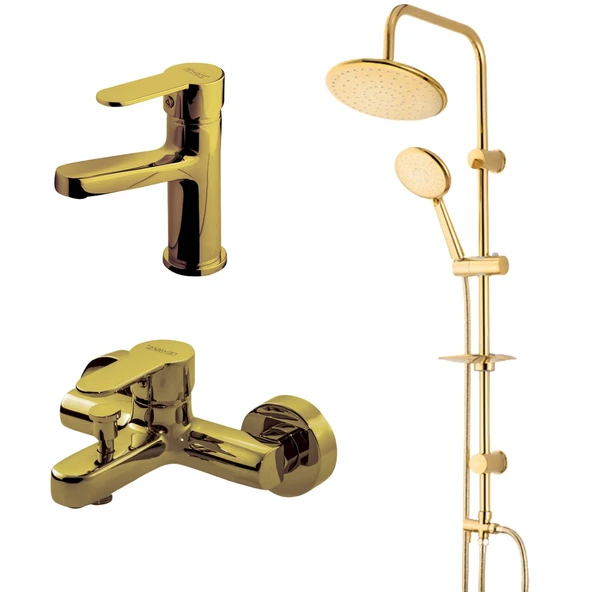 Newarc Domino Altın Lavabo-Banyo Bataryası ve Altın Duş Ünitesi 3'lü Set 971528-971518-440615G ürün görseli 1