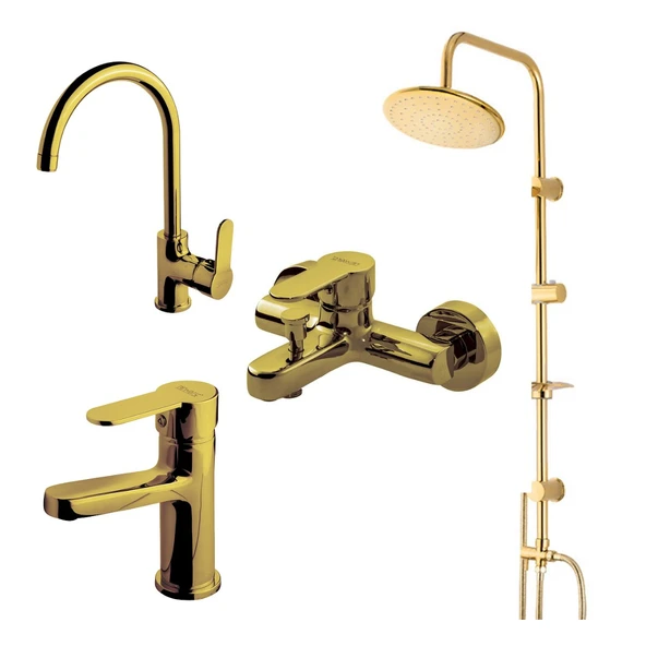 Newarc Domino Altın Lavabo-Banyo-Eviye Bataryası ve Altın Duş Ünitesi 4'lü Set 971528-971518-971538-440615G ürün görseli 1