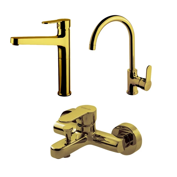 Newarc Domino Altın Çanak Lavabo-Banyo-Eviye Bataryası 3'lü Set 971008-971518-971538 ürün görseli 1