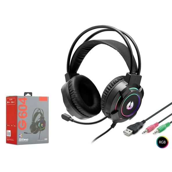 Hadron G604 RGB Aydınlatmalı Mikrofonlu 2x3.5mm 2mt Silikon Kablolu Oyuncu Kulaklığı - Siyah ürün görseli 1