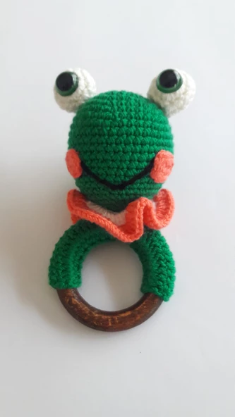 Kurbağa Çıngıraklı Diş Kaşıyıcı Amigurumi Organik Oyuncak ürün görseli 1