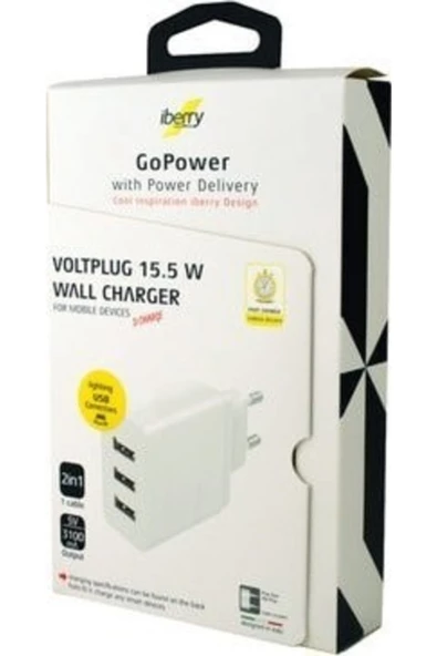 İberry Voltplug 15.5W 3.1Mah 3 Usb Hızlı Şarj Cihazı +Type C Kablo ürün görseli 1
