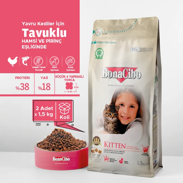 BonaCibo Kitten Tavuklu ve Pirinçli Yavru Kedi Maması 1.5 kg x 2 Adet - Gelişim Destekleyici Avantajlı Paket ürün görseli 1