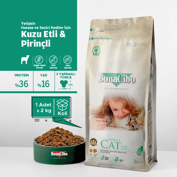 BonaCibo Adult Cat Lamb & Rice Kuzu Etli ve Pirinçli Yetişkin Kedi Maması 2 kg ürün görseli 1