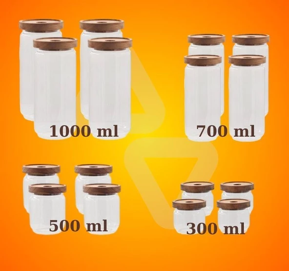The Mia Ahşap Kapaklı 16 lı 4 Boy Cam Saklama Kabı 1000-700-500-300 ml ürün görseli 1