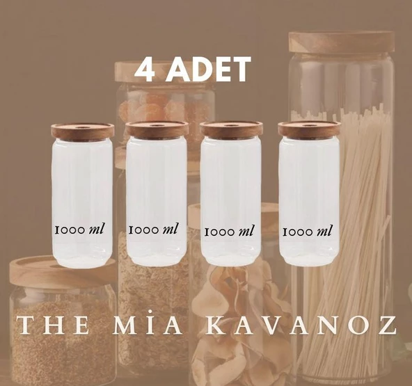 The Mia Ahşap Kapaklı 4 lü Büyük Boy Cam Saklama Kabı 1000 ml CAM0315 ürün görseli 1