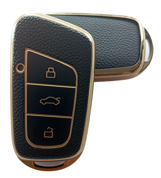 Chery Uyumlu Smart Anahtar Kılıfı Kumanda Kılıfı Oto Anahtarlık Deri Desenli Siyah Gold ürün görseli 1