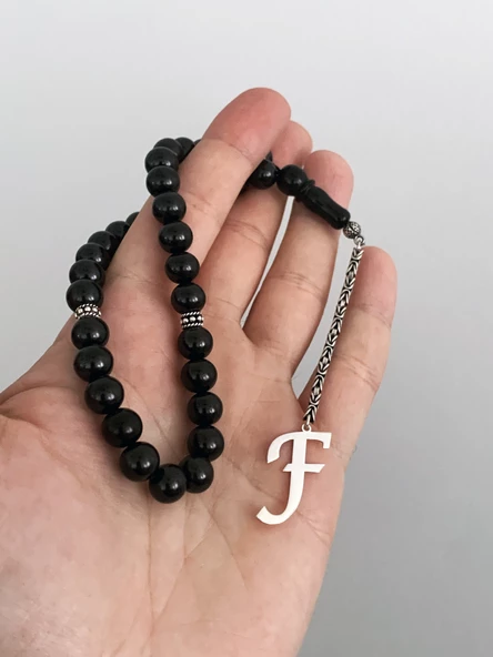 F harfli 925 ayar gümüş püskül, harf ve ayraçlı oltu tesbih (kral zincir) ürün görseli 1