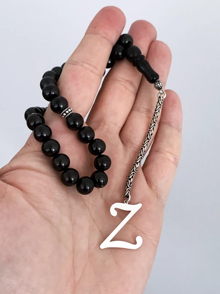 Z harfli 925 ayar gümüş püskül, harf ve ayraçlı oltu tesbih (kral zincir) ürün görseli 1