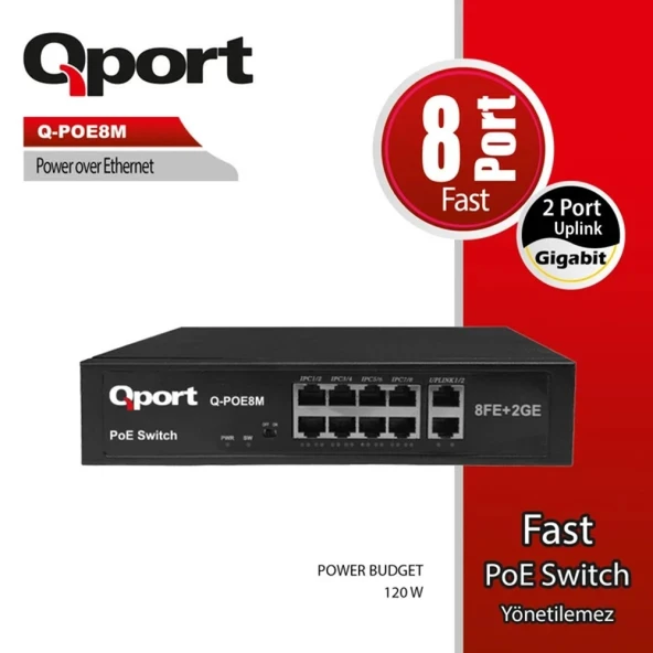 QPORT Q-POE8M 8PORT 10/100 + 2 PORT 10/100/1000 UPLINK POE SWITCH ürün görseli 1