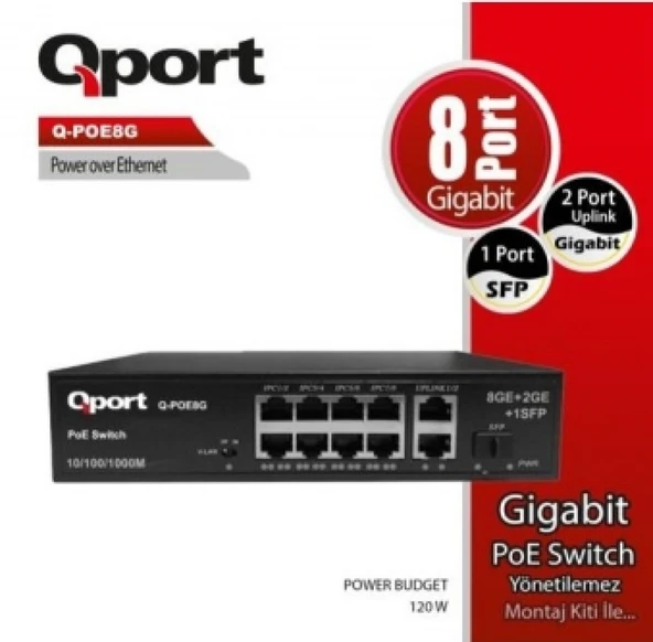 QPORT Q-POE8G 8PORT 10/100/1000 + 2 PORT 10/100/1000 UPLINK POE SWITCH ürün görseli 1