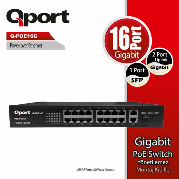 QPORT Q-POE16G 16PORT 10/100/1000 + 2 PORT 10/100/1000 UPLINK POE SWITCH ürün görseli 1