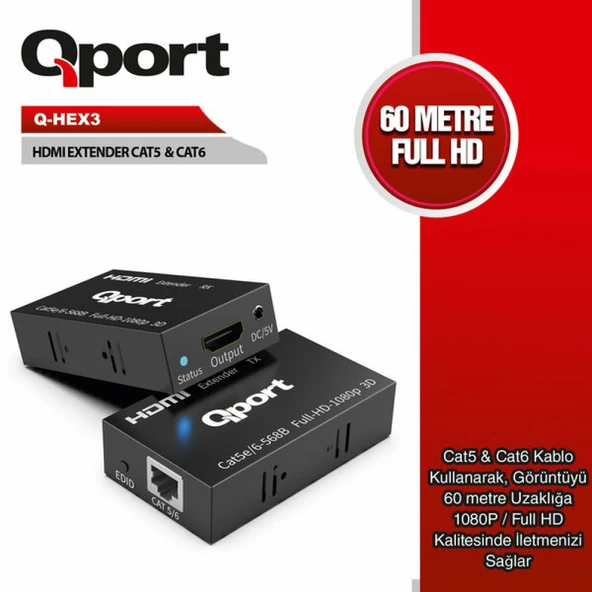 QPORT Q-HEX3 HDMI EXTENDER CAT6 60M 2 Lİ PAKET ürün görseli 1